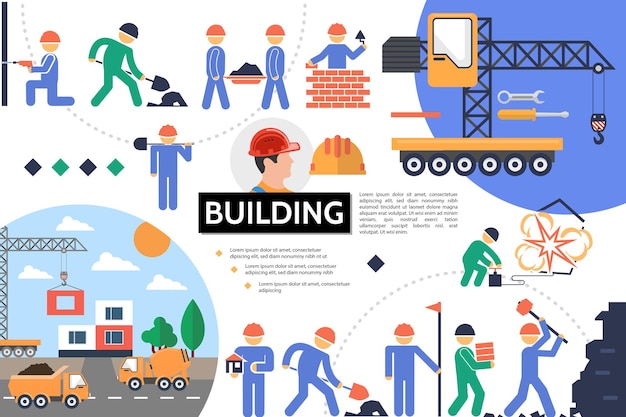 Flat gebouw infographic met bouwplaats bouwers industriële werken en voertuigen illustratie