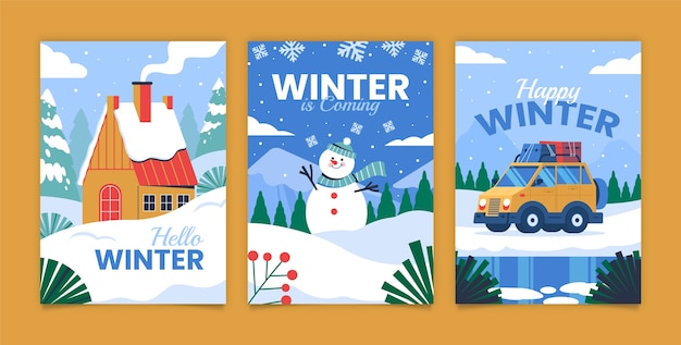 Gratis vector flat greeting cards collectie voor het winterseizoen