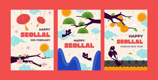 Gratis vector flat greeting cards collectie voor koreaanse seollal vakantie