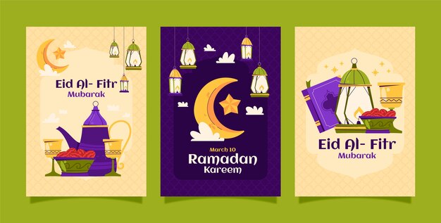 Gratis vector flat groetjeskaarten collectie voor de islamitische ramadan viering.