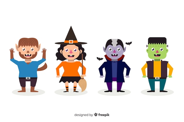 Gratis vector flat halloween character collection voor kinderen