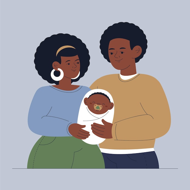 Flat-hand getekend zwarte familie illustratie met een baby