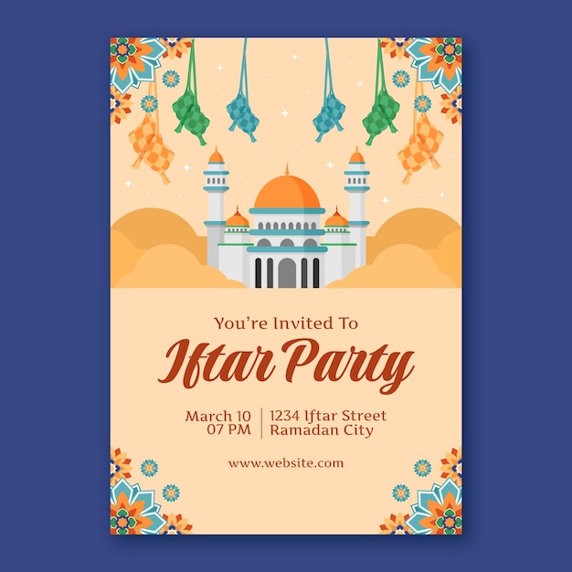 Gratis vector flat iftar party uitnodiging sjabloon voor islamitische ramadan viering.