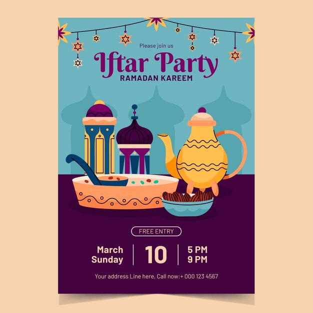 Gratis vector flat iftar party uitnodiging sjabloon voor islamitische ramadan viering.