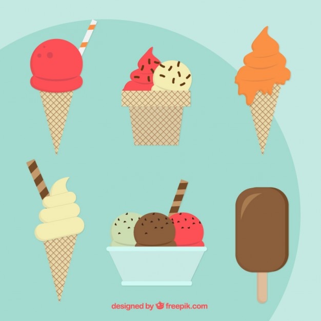 Gratis vector flat ijs scoops en ijs met een wafer