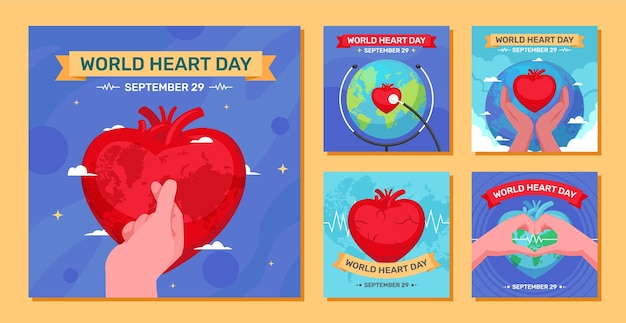 Flat instagram postcollectie voor wereldwijde hartdag bewustwording