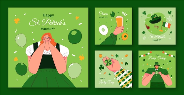 Gratis vector flat instagram posten collectie voor st patrick's day viering.