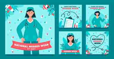 Gratis vector flat instagram posts collectie voor de nationale verpleegsters week.