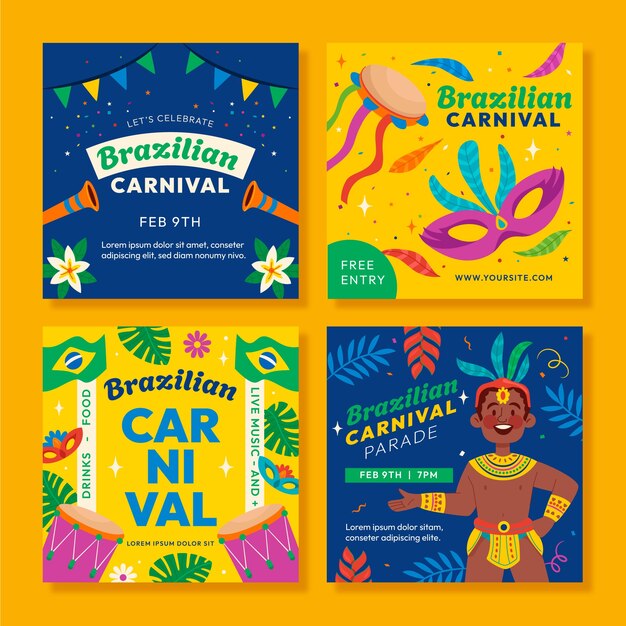 Flat instagram posts collectie voor het braziliaanse carnaval