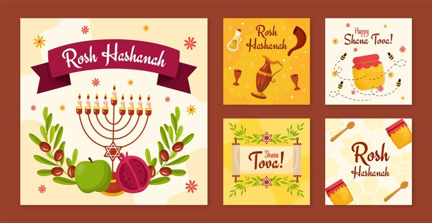 Flat instagram posts collectie voor Rosh Hashanah Joodse nieuwjaarsviering