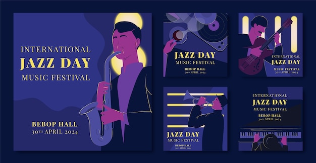 Gratis vector flat instagram posts collectie voor wereld jazz dag muziek viering