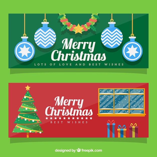 Flat kerst banners met kerstballen en geschenken