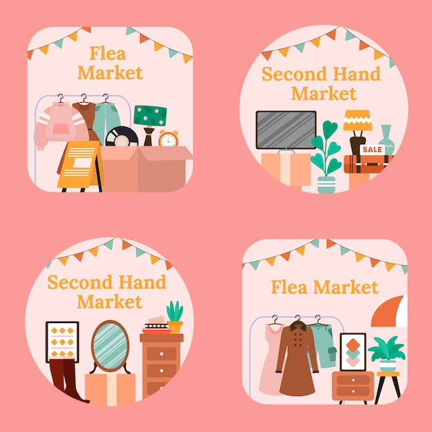 Flat labels collectie voor tweedehands vlooienmarkt evenement