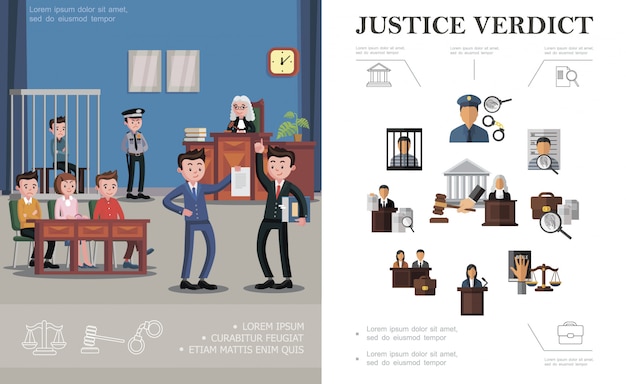 Flat law systeem samenstelling met politieagent vergrootglas handboeien gedaagde rechter voorzittershamer jury advocaat rechtbank bouwen gerechtelijke zitting proces