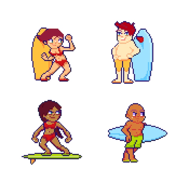 Flat pixel arts surfers collectie