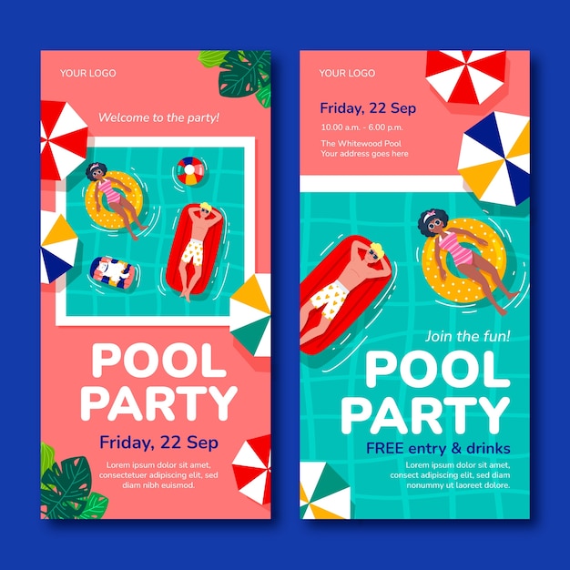 Flat pool party verticale banners set