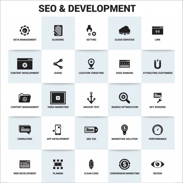 Gratis Vector flat seo development pictogrammen