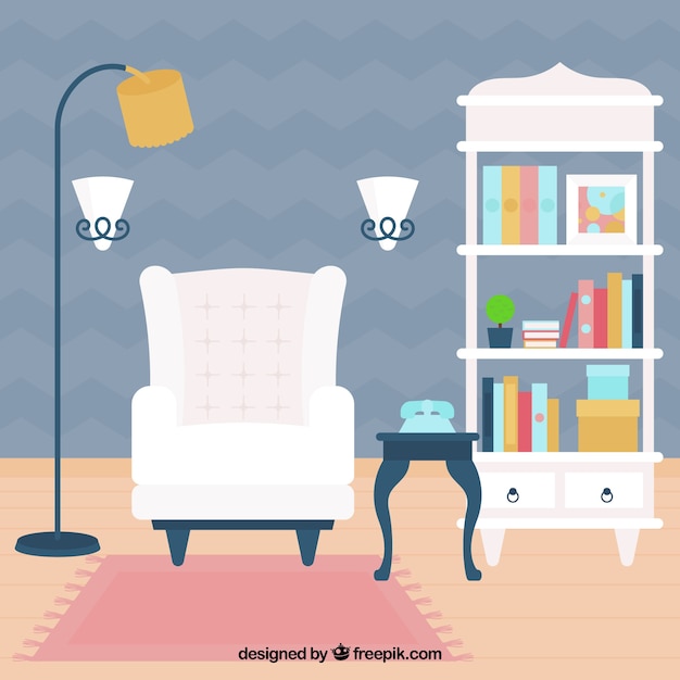 Gratis vector flat woonkamer met witte leunstoel