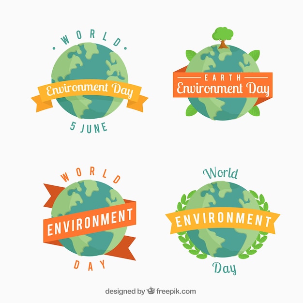 Flat world environment day stickers met decoratieve linten