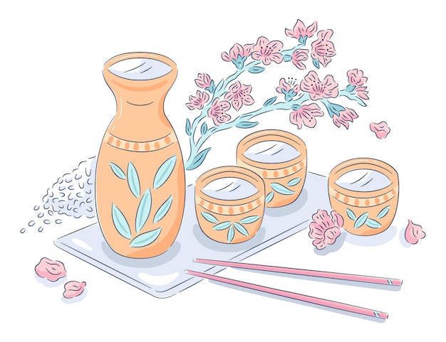 Gratis vector fles sake met kopjes