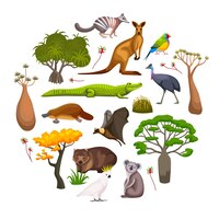 Flora en fauna van australië platte ronde compositie met wilde dieren, vogels en exotische planten vectorillustratie