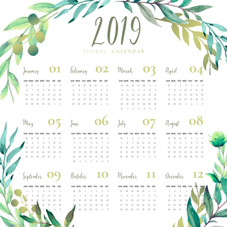 Gratis Vector floral 2019 kalender met aquarel verlaat