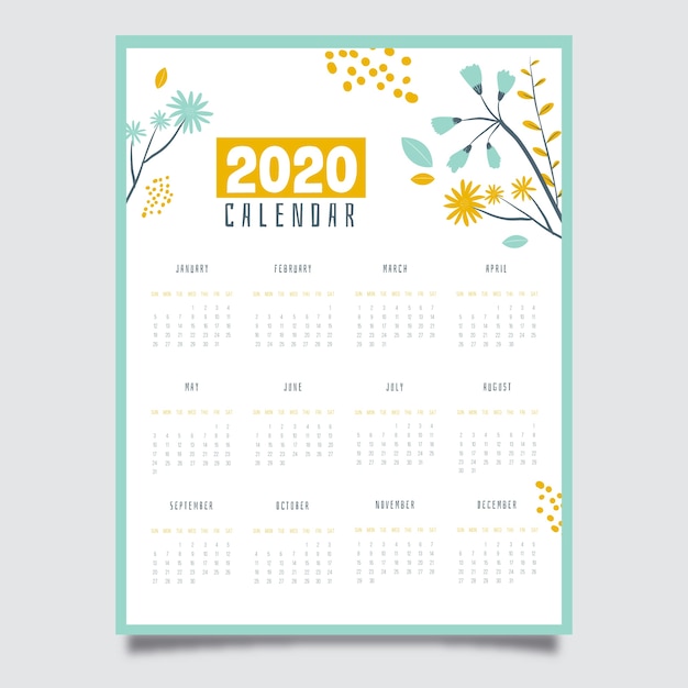 Gratis vector floral 2020 kalendersjabloon