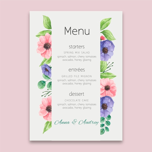 Gratis vector floral bruiloft menusjabloon