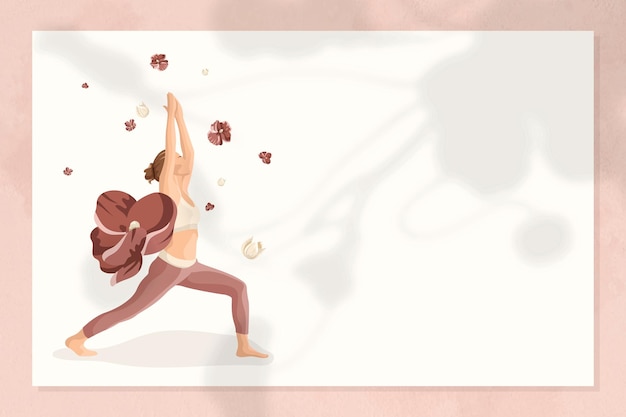 Floral yoga pose frame vector met vrouw beoefenen krijger 1 pose