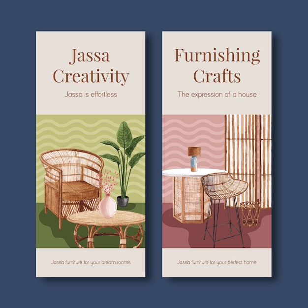 Flyer sjabloon met jassa meubelen conceptontwerp voor brochure en folder aquarel vectorillustratie