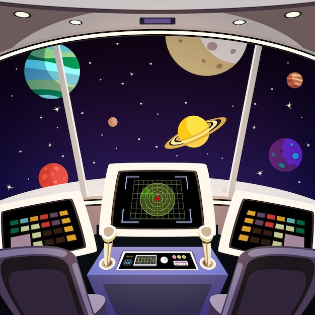 Gratis vector flying ruimteschip cabine futuristische interieur cartoon met ruimte achtergrond vector illustratie