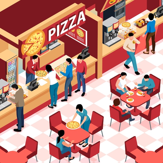 Food court bezoekers bestellen pizza koffie maken en burgers eten 3d isometrische vector illustratie