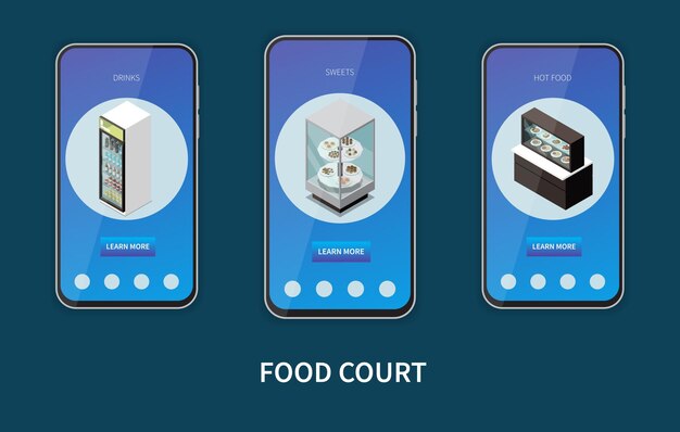 Food court-elementen 3 isometrische smartphoneschermen met drankjes, versnaperingen, snoepjes, koffiebar, warme gerechten, vectorillustratie