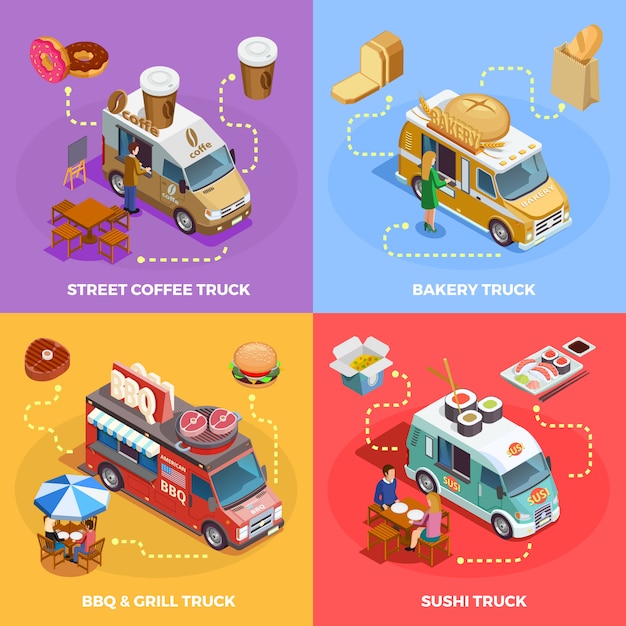 Gratis vector food truck 4 isometric icons square