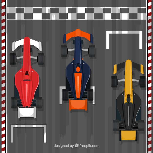Formule 1-raceauto op finishlijn met plat ontwerp