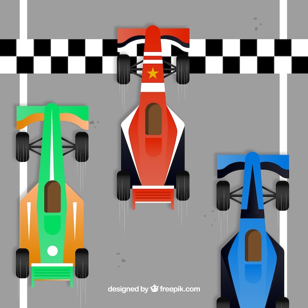 Formule 1-raceauto's bij de finishlijn met bovenaanzicht