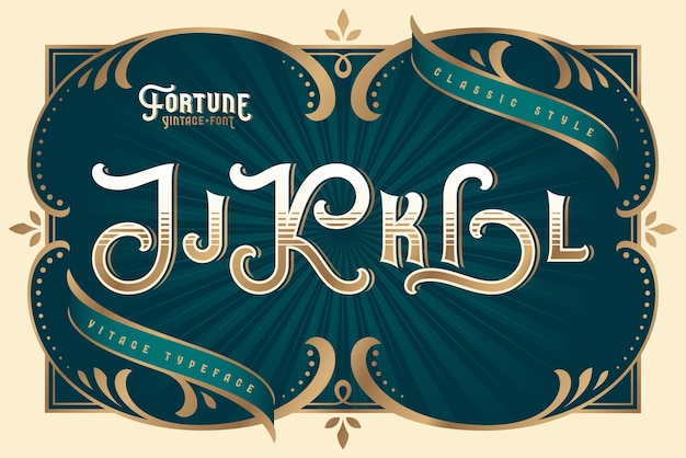 Fortune vintage vector lettertype ingesteld met decoratieve designelementen, letters j, k, l