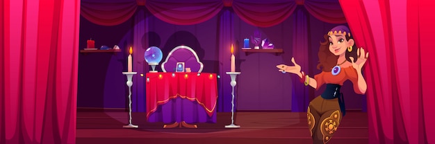 Gratis vector fortuneteller zigeunervrouw uitnodigt in mystieke kamer