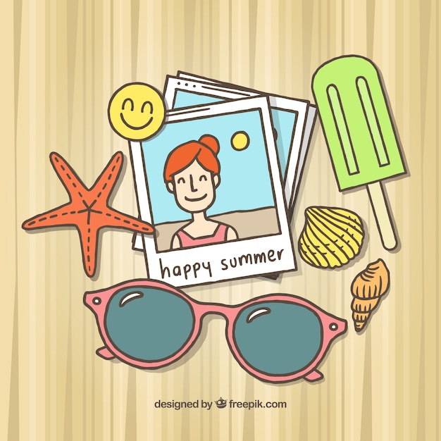 Gratis vector foto's achtergrond en hand getekende zomer elementen