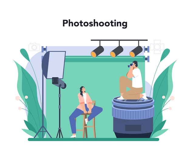 Fotograafconcept professionele fotograaf met camera die foto's maakt in een studio gebeurtenisfotografie geïsoleerde platte vectorillustratie