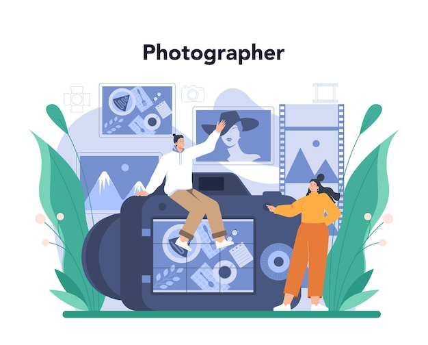 Gratis vector fotograafconcept professionele fotograaf met camera die foto's maakt in een studio gebeurtenisfotografie geïsoleerde platte vectorillustratie