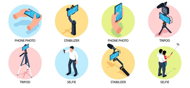 Fotografie ronde composities met mensen met behulp van telefoon camera stabilisator statief en selfie stick geïsoleerde vectorillustratie