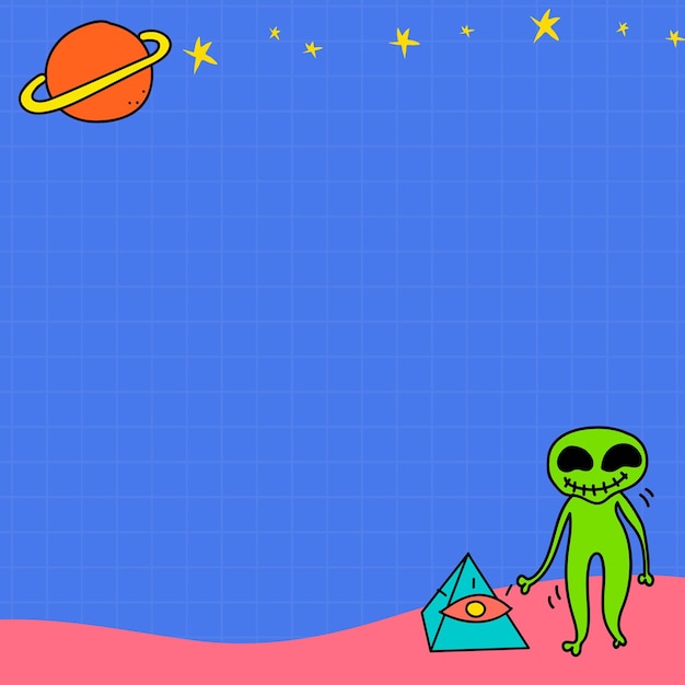 Gratis vector frame met alien en saturnus op een indigo raster achtergrond vector