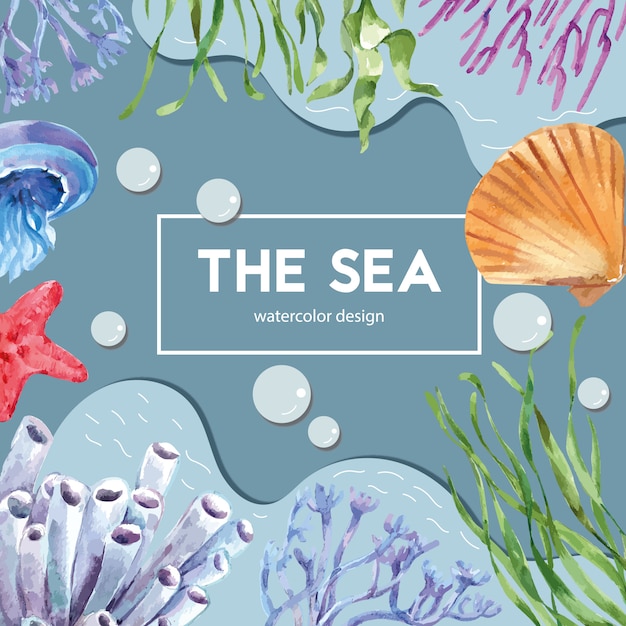 Frame met sealife-thema met dier onder de zee, creatief de illustratiemalplaatje van de contrastkleur