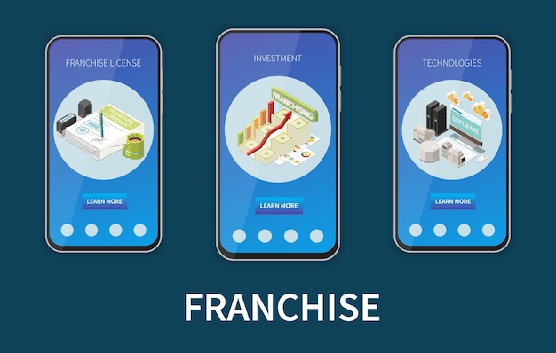 Franchise isometrisch ontwerpconcept met informatie op smartphoneschermen over investeringen en technologieën vectorillustratie