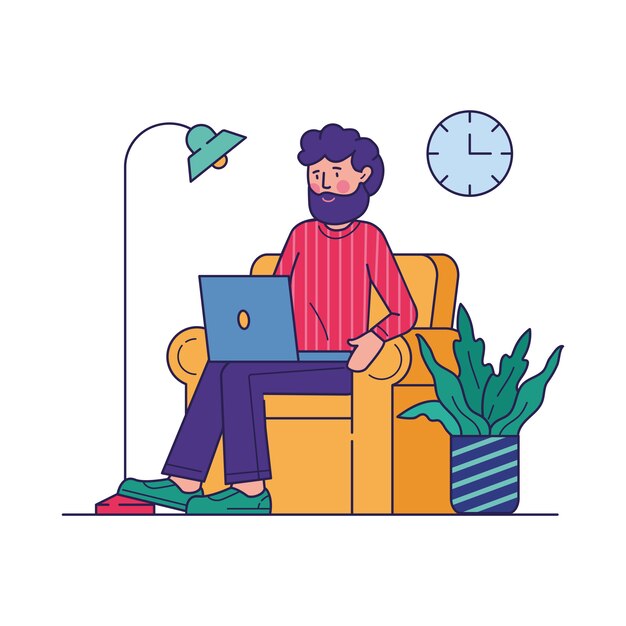 Freelance arbeider die het werk via laptop vectorillustratie doet