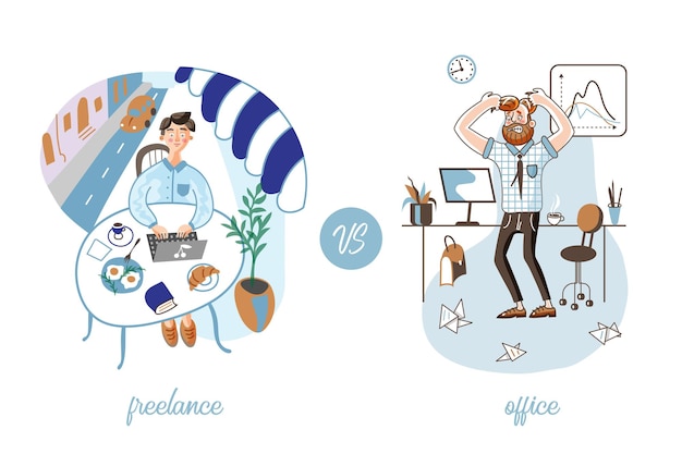 Freelance versus kantoorwerkillustratie die flexibel en traditioneel werkschema vergelijkt freelancer zit aan cafétafel boze manager bankier accountant moe van stressvol tijdschema