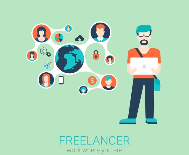 Freelance werk platte web infographic concept. Jonge stijlvolle freelancer man met laptop en aangesloten inhoudsprofielen. Wereldwijde telewerk conceptuele illustratie.