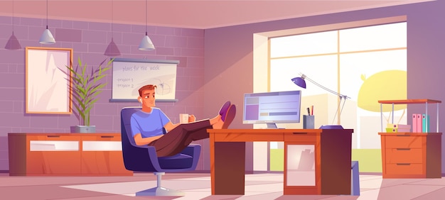 Freelancer op kantoor aan huis ontspannen man op werkplek