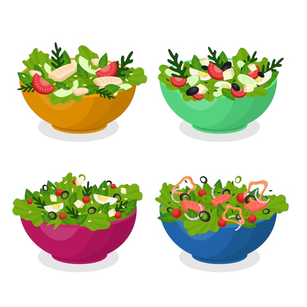 Gratis vector fruit- en saladekommen collectie